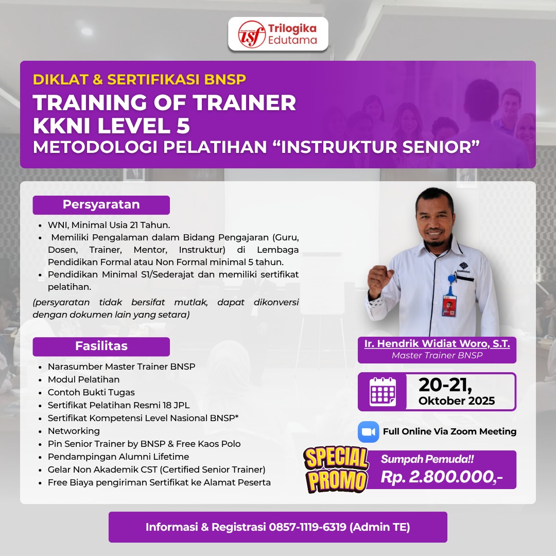 FULL PROMO SUMPAH PEMUDA PAKET DIKLAT DAN SERTIFIKASI TOT LEVEL 5 INSTURKTUR SENIOR